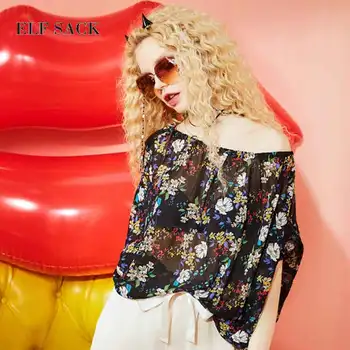 

ELFSACK Floral Print Women Chiffon Blouse Fashion Casual Summer Slash Neck Female Shirt Petal Short Sleeve Streetwear Tops