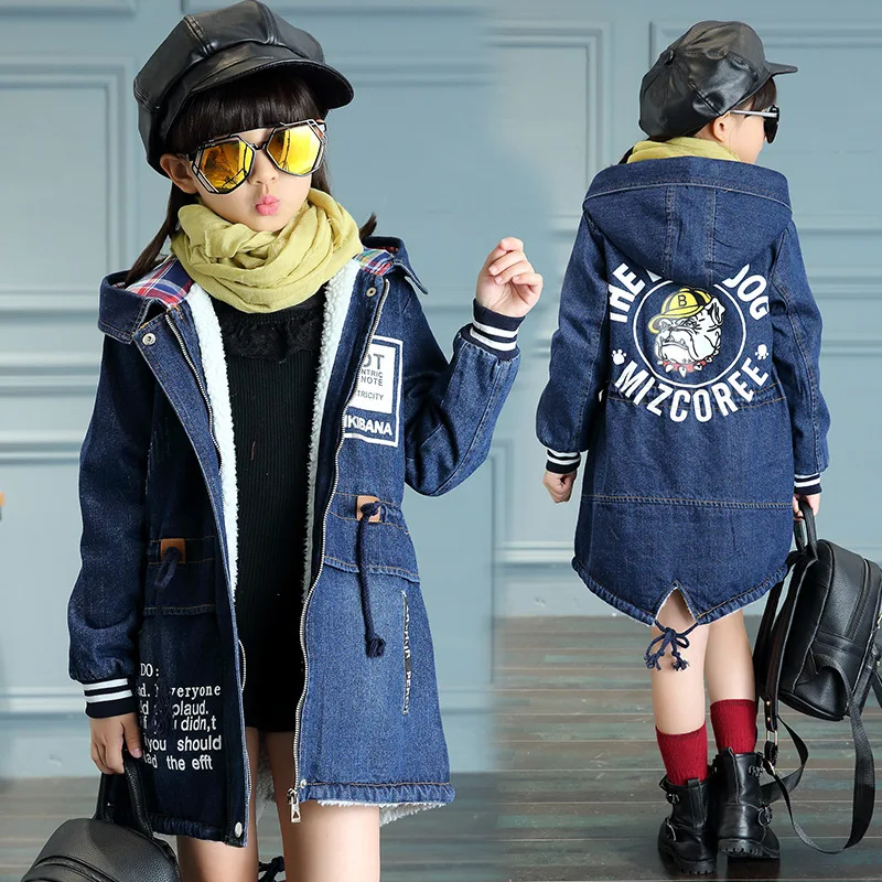 Зимнее теплое пальто с капюшоном для девочек, детская синяя джинсовая куртка для девочек 3, 4, 6, 8, 10, 12 лет, детская одежда для девочек, RKC186004