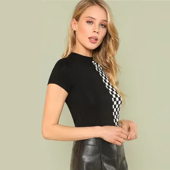 

Mixed Color Black And White Plaid Casual Round Neck Short Sleeve Colorblock Tee Summer Women Elegant T-shirt Top Lady