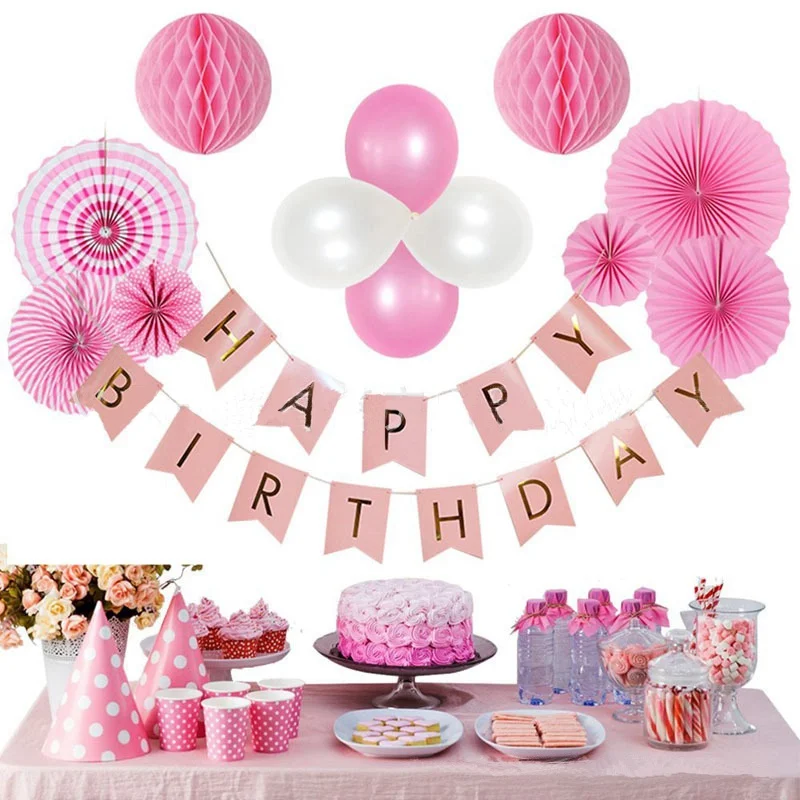 

Pink Happy Birthday Banner White Tissue Paper Tassel Garland Pompom Birthday Decorations Girl Boy Kids Party