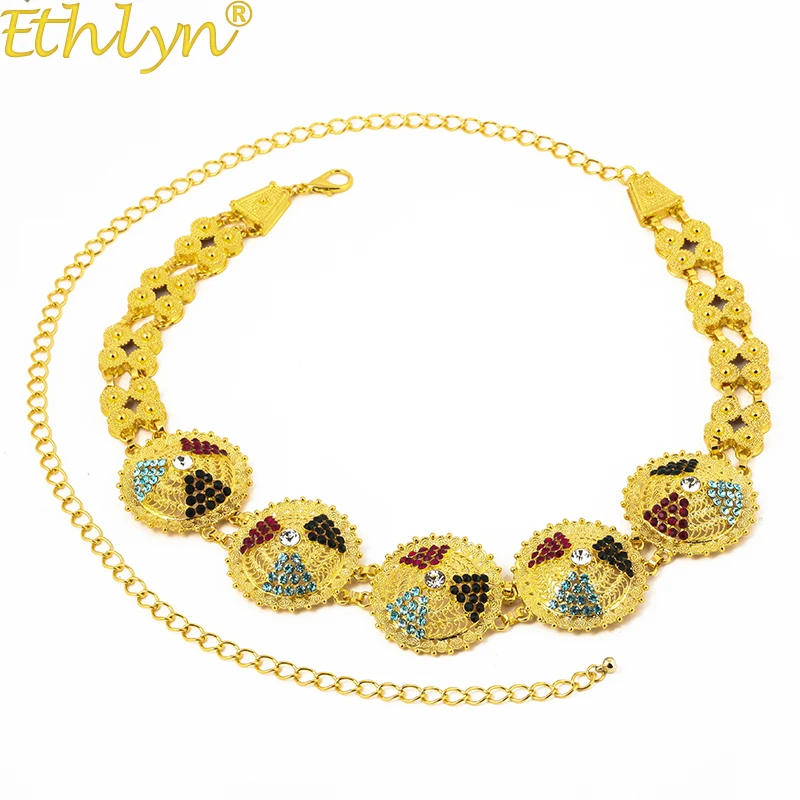 

Ethlyn Crystal Rhinestone Waist Chain Ethiopian/Arab Jewelry Yellow Gold Color Waist Chain Dancing Decoration S109