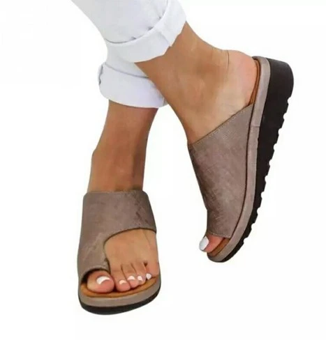 JIANBUDAN/Женская обувь; удобные мягкие босоножки на танкетке из искусственной кожи; ортопедические Тапочки с корректором большого пальца; размеры 34-43 - Цвет: Khaki