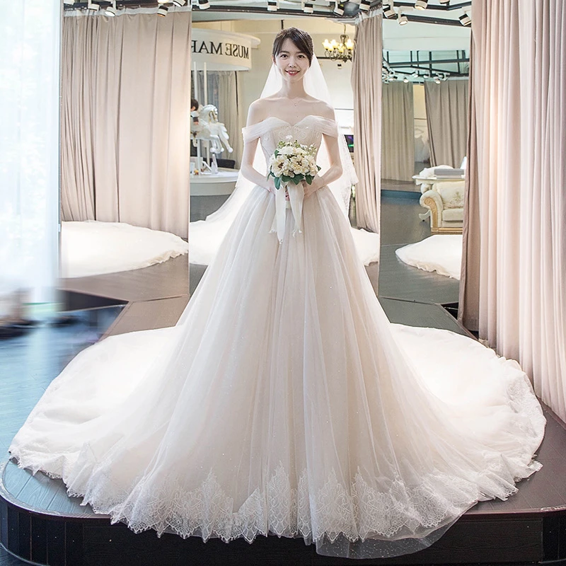 Boat Neck Wedding Dress Full Dress 2020 New Pattern Bride Marry Korean Long Tailing Princess Ball Gowns High Quality As Pictures Wedding Dresses Aliexpress
