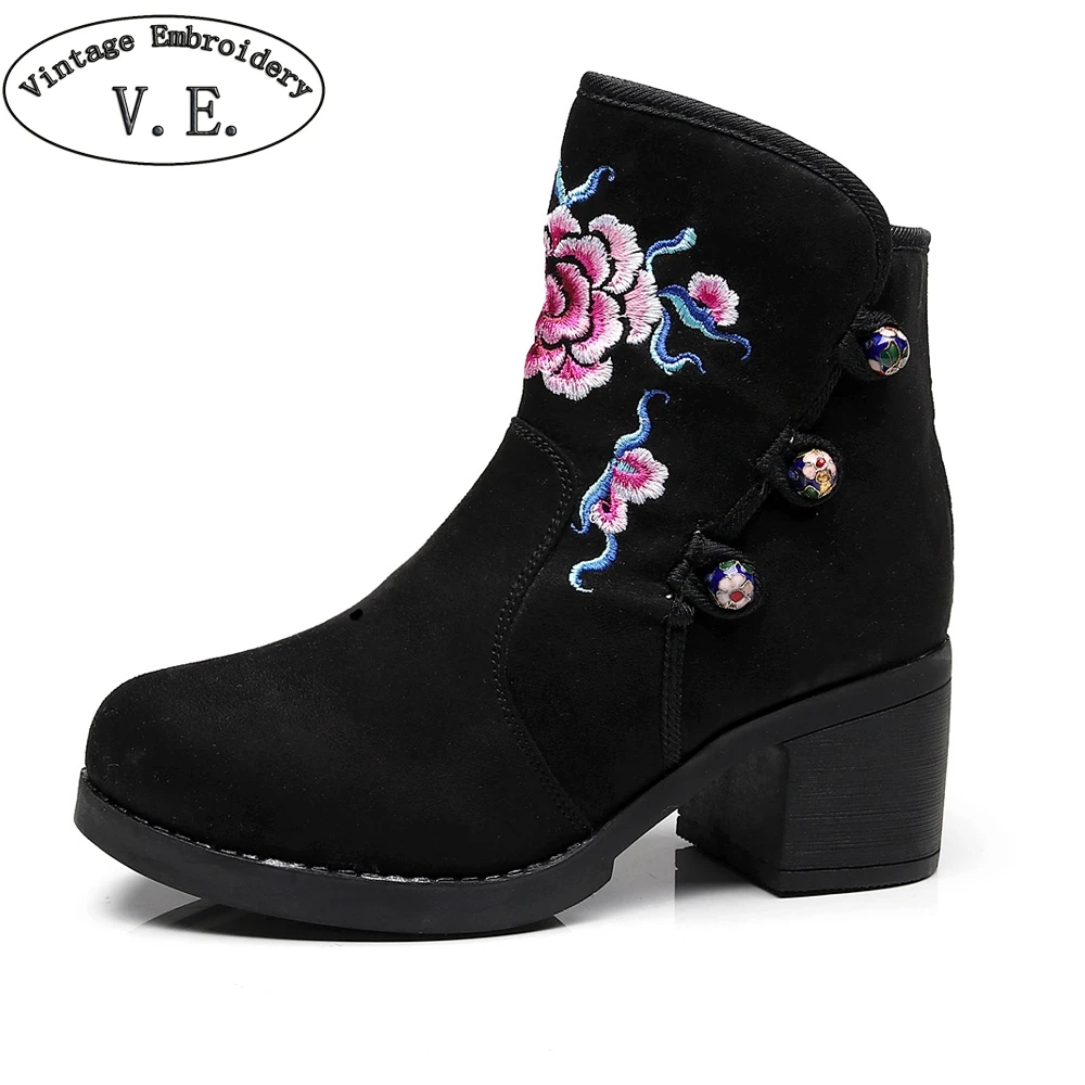 Винтажные женские зимние ботинки черного цвета с вышивкой в этническом китайском стиле; botas femininas De Inverno; женская обувь на резиновой подошве на толстом каблуке