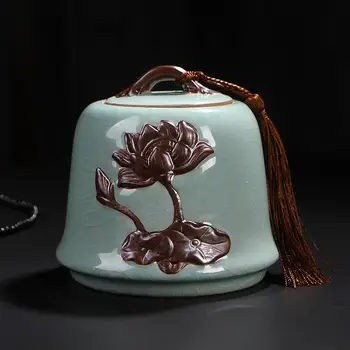 

Elegant Lotus Pattern Ceramic Tea Box Retro Flower Tea Storage Containers Green Home Porcelain Jar Retro Office Coffee Tea Can