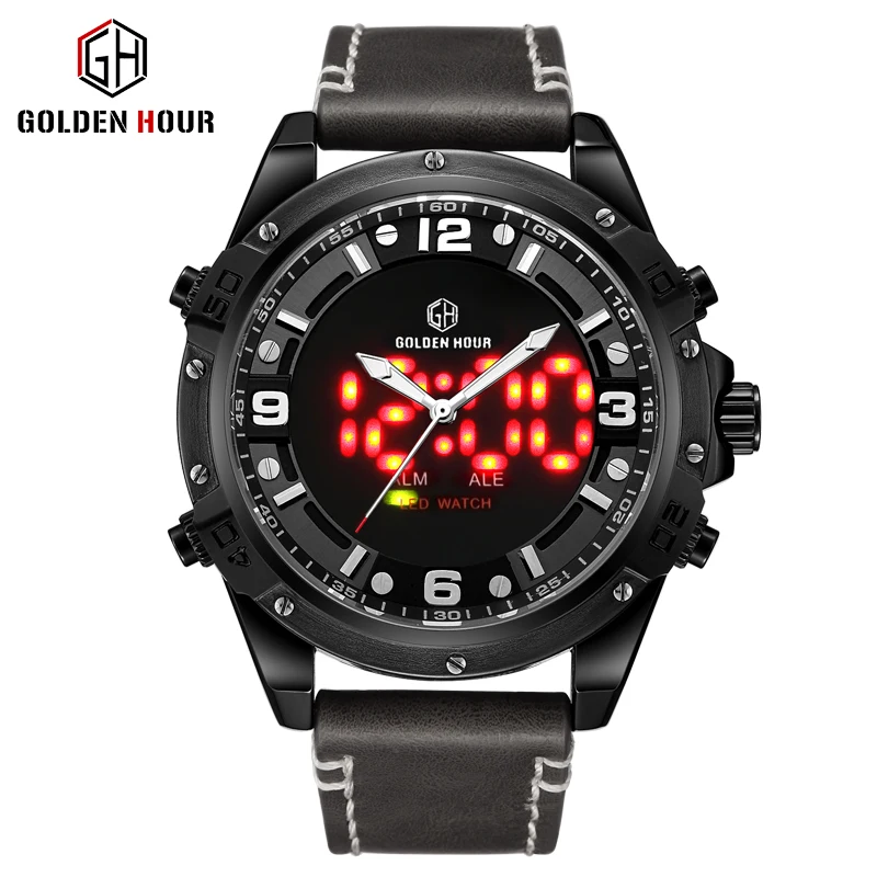 

GOLDENHOUR Fashion LED Digital Men's Watches Genuine Leather Strap Dual Time Alarm Date Clock Top Brand Luxury Quartz Wristwatch