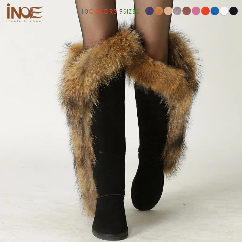 Real fox fur cow suede leather long winter snow boots for