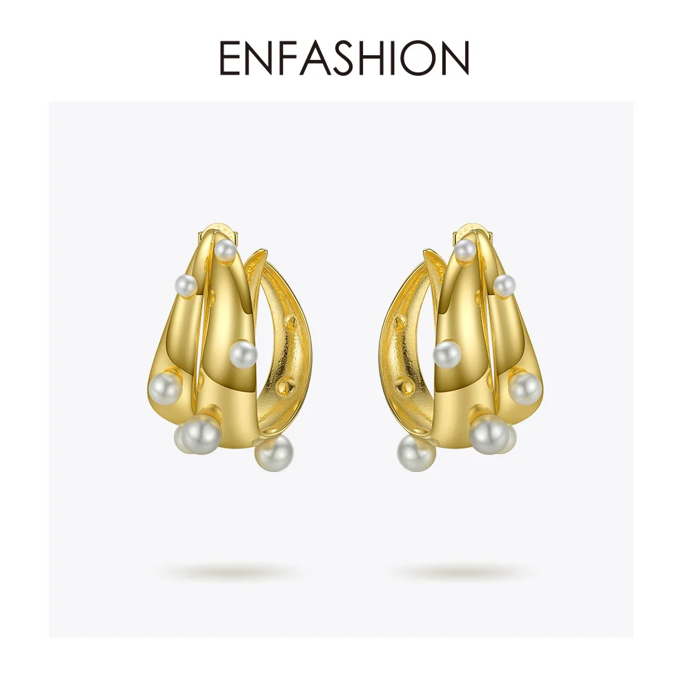 ENFASHION, серьги-кольца в стиле панк с жемчугом, двойной C, для женщин, золотой цвет, большие эффектные серьги, модные ювелирные изделия, Pendientes Aro EC191042 - Окраска металла: Yellow gold color