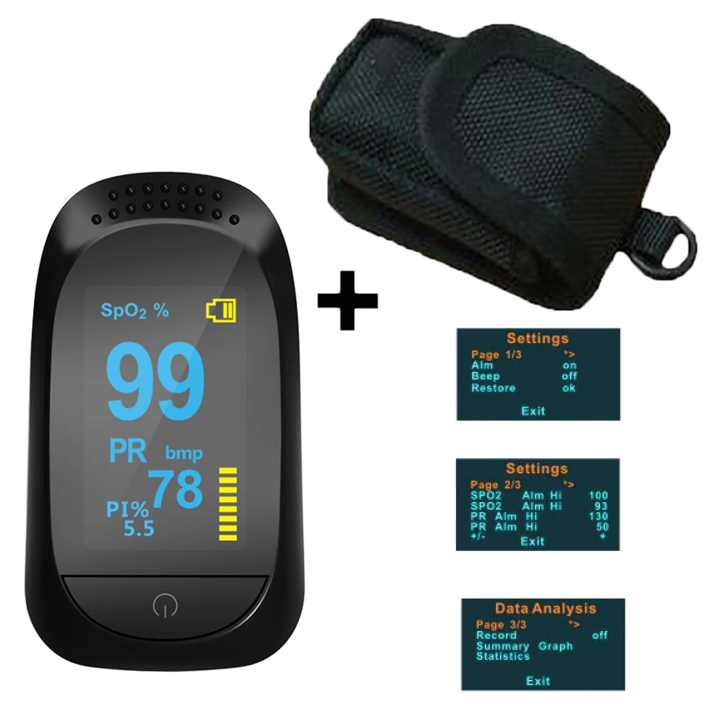 

Plus Bag+ 3 color OLED Fingertip Pulse Oximeter pulsioximetro SPO2 PR PI% 8 Hours Data Recorder Analysis Beep Alarm Function