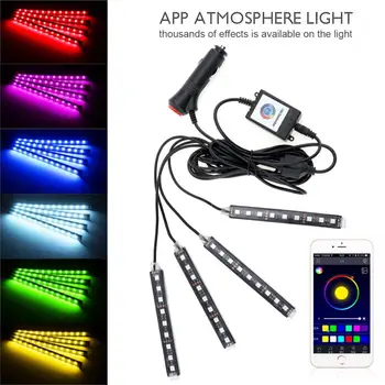 

Waterproof 4pcs Bluetooth Android IOS Phone Control Car Interior with RGB Strip Light Flexible Atmosphere Kit Foot Lamp