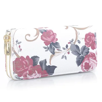 

2019 Summer New Ladies Printed Rose Wallet Student Double Zipper Clutch Bag Multi-card Wallet Mobile Phone Bag