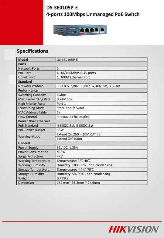 HIKVISION DS-3E0105P-E переключатель инжектора PoE 5 Порты(1 Uplink, 4 PoE) 10/100 Мбит/с; Новинка