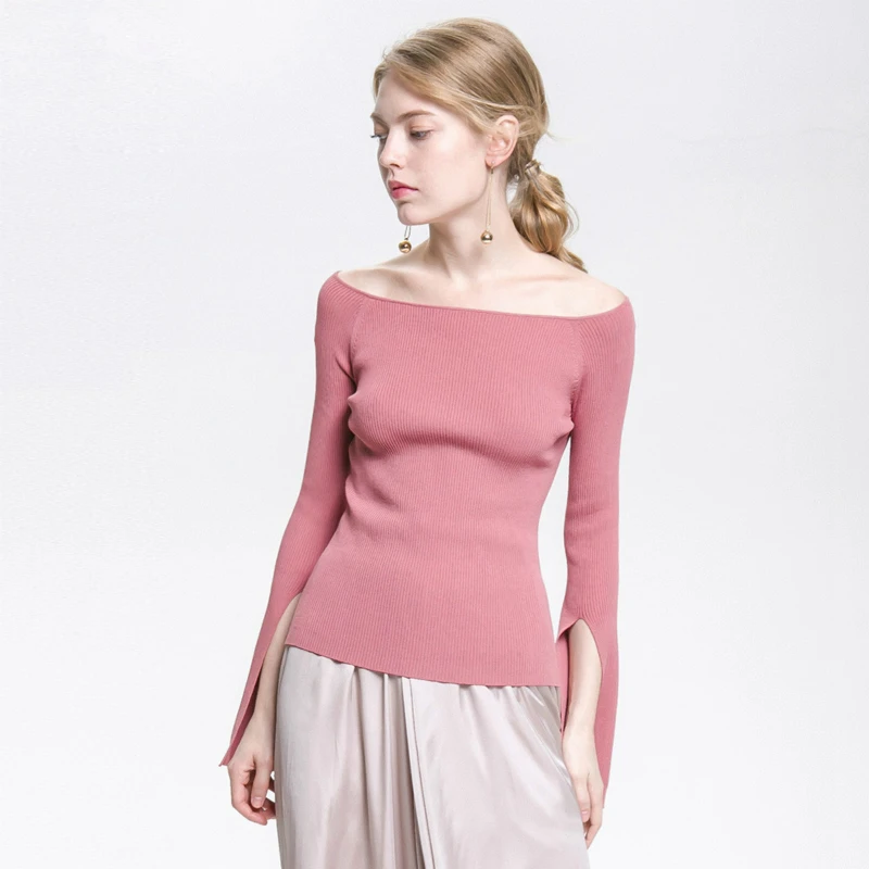 Elegant Off Shoulder Pullover Sweater Female Black Long Flare Sleeve Knitted Pullovers Women 2018 Winter Crop Top Jumper Pull