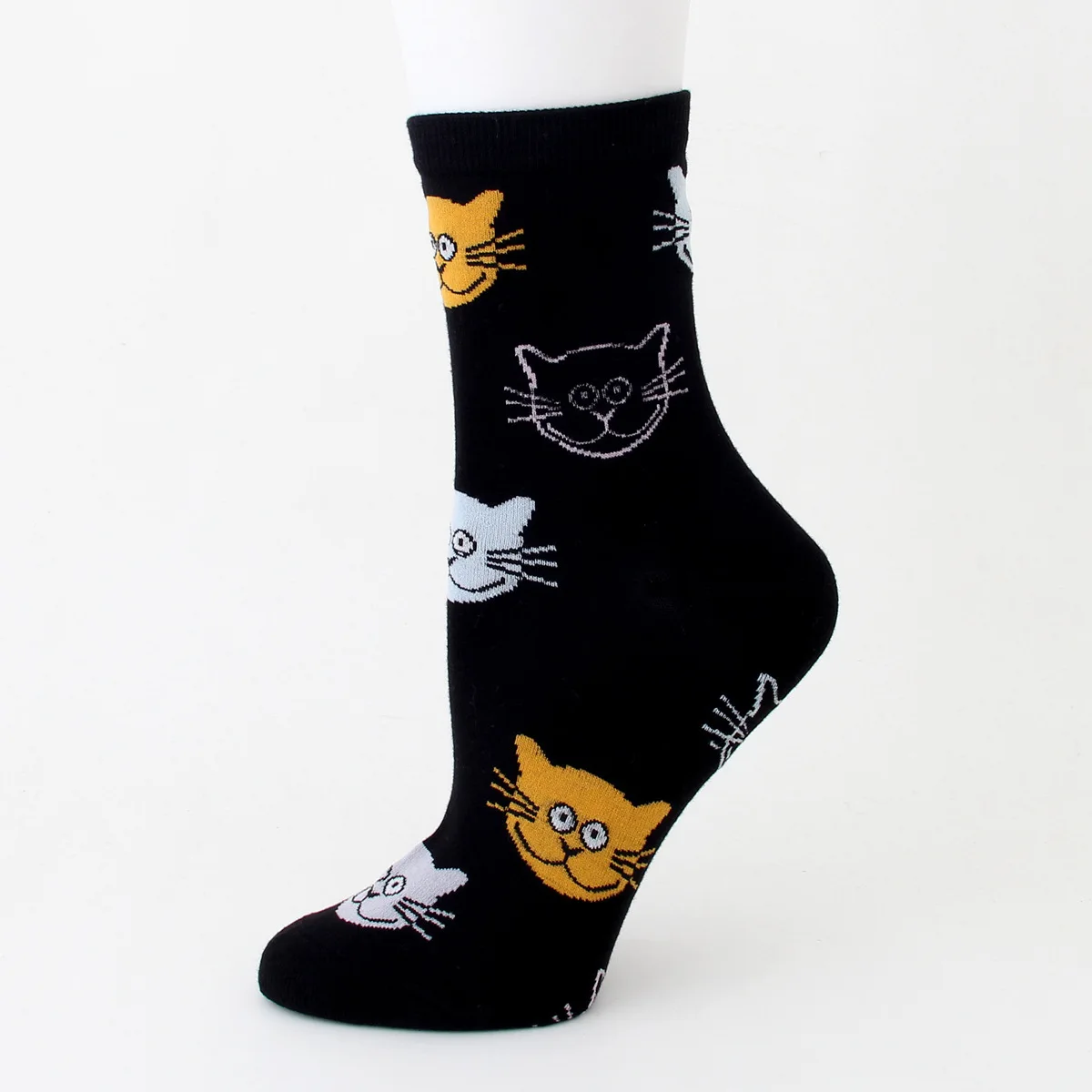 PEONFLY 4 пар/лот, носки из чесаного хлопка, Женские Дышащие милый кавайный котик, принт, забавные носки, повседневные осенние мягкие носки - Цвет: Black Yellow Cat