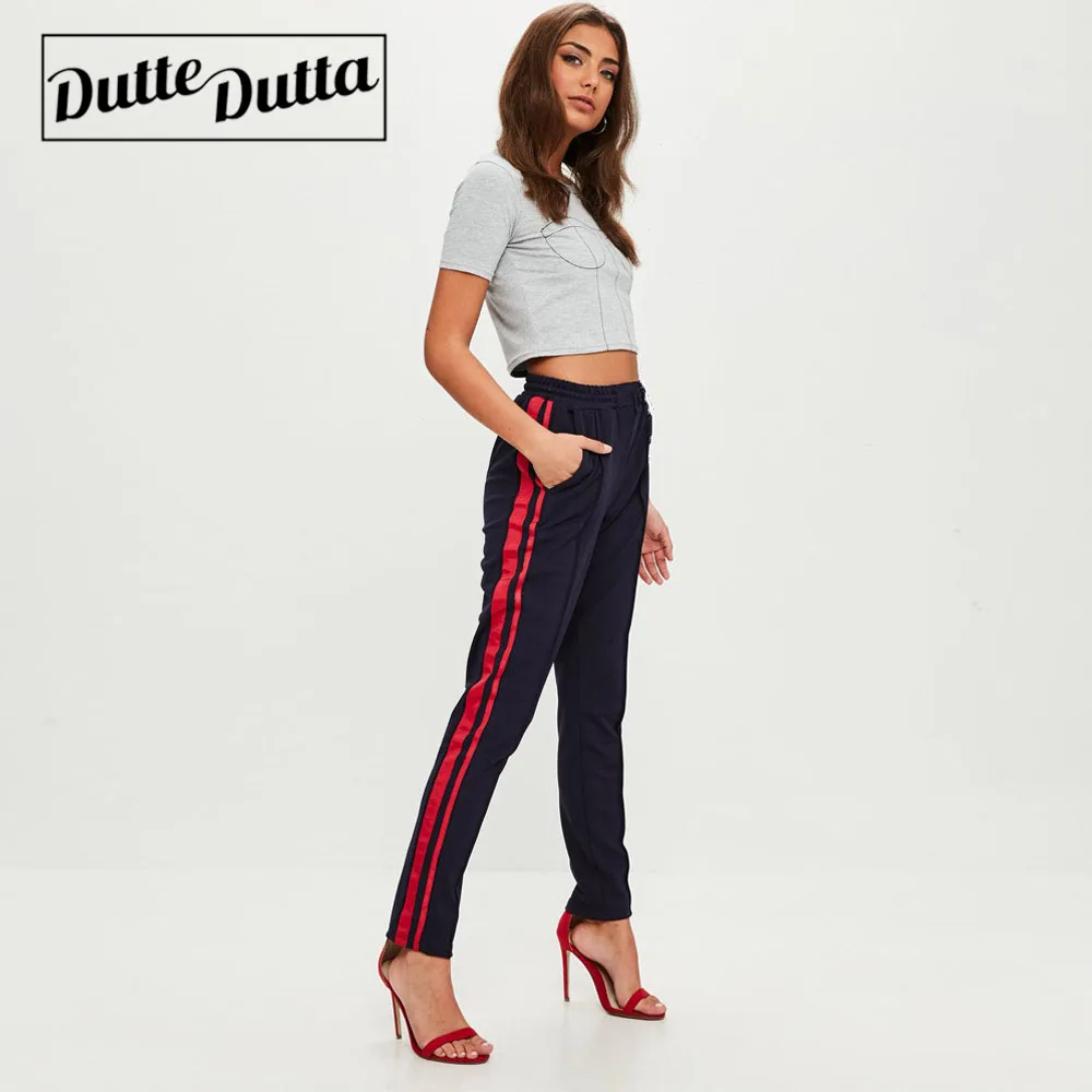 DutteDutta, женские штаны-шаровары с высокой талией, Осенние эластичные повседневные штаны, женские тренировочные зеленые полосатые спортивные штаны, брюки