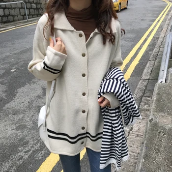 

2018 autumn and winter sweet single breasted button stripe knitted warm sweaters womens cardigans womens (C8503)