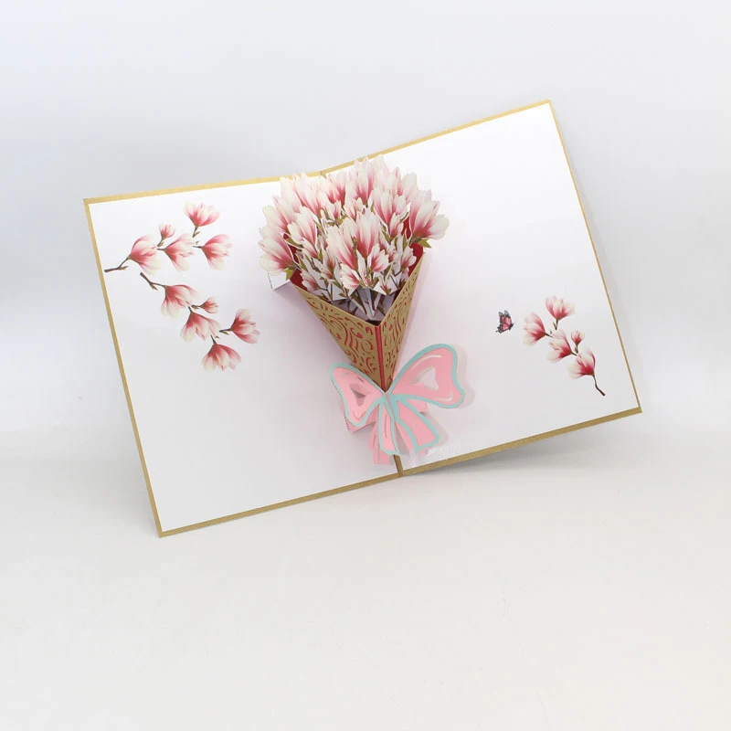  3D Laser Cut Handmade Carving Teachers' Day White Pink Magnolia Bouquet Paper Invitation Greeting C - 33013926435
