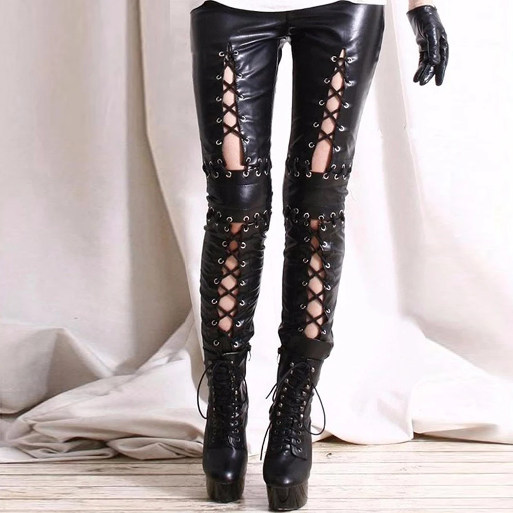 Женские леггинсы из искусственной кожи с вырезами в готическом стиле|sexy leather