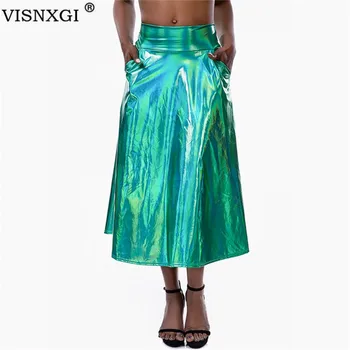 

VISNXGI High Waist Pleated Large Swing Skirts Metallic Shiny Pocket With Zipper Skirt Party Clubwear Midi Elastic Gold Clothes