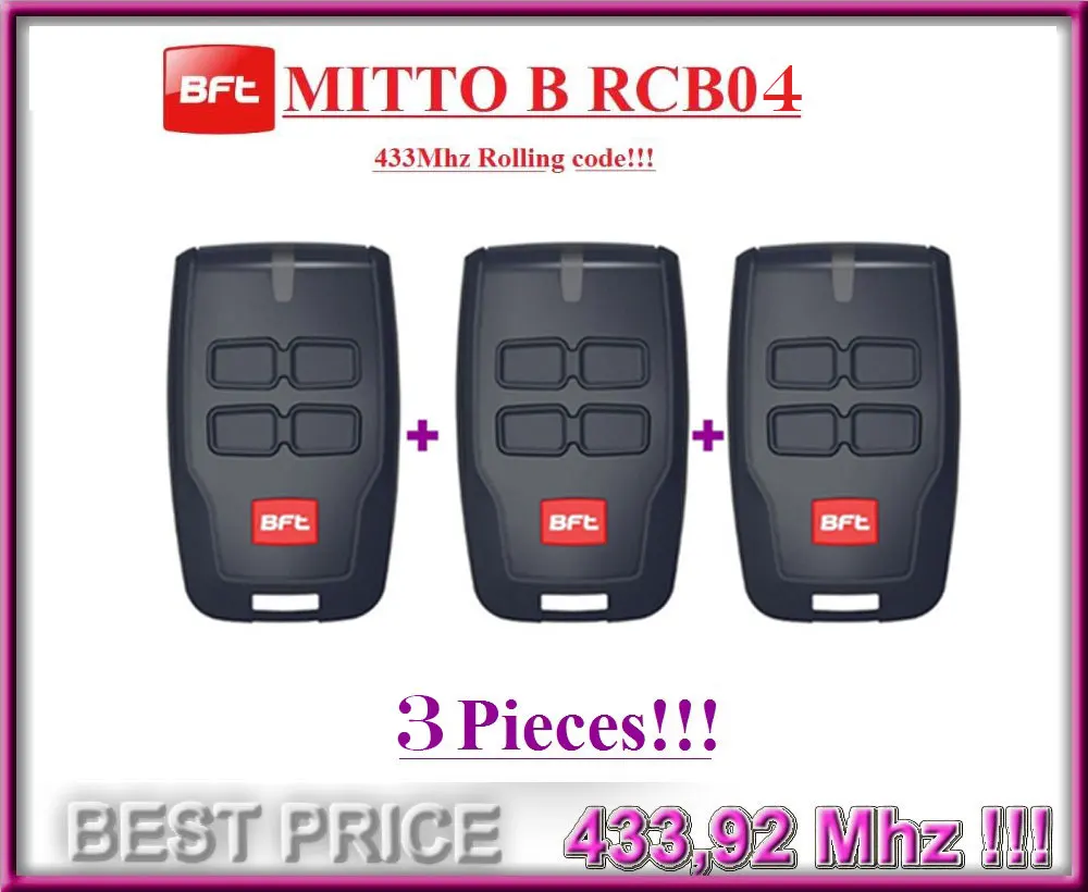 

3pcs New for BFT Mitto B RCB04 Hand control , 433,92Mhz, Garage remote rolling code