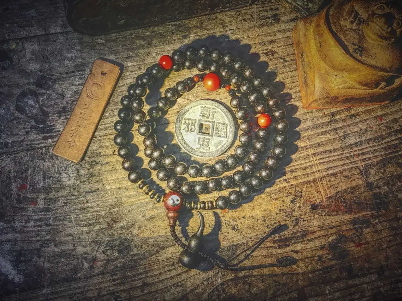 Taoism flow pearl beads 10 mm ebony cinnabar to ward off bad luck the