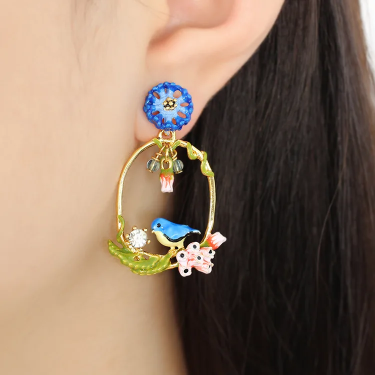 

Statement Romantic Blue Flower Bird Branch Drop Earrings Fashion Party Jewelry Lady Luxury Earrings For Women
