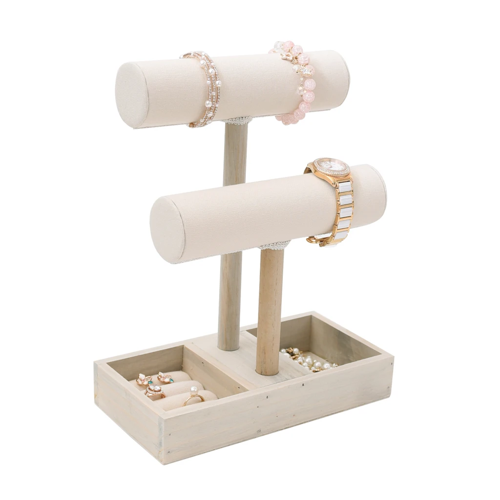 Wooden T Bar Jewelry Stand Bracelet Necklace Display Organizer Rack With Compartments Ring Holder Case Tray