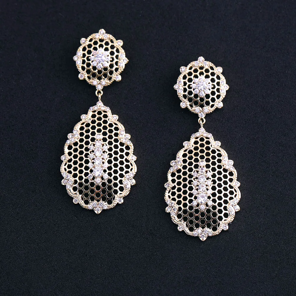 

jankelly fashion Gold-Color Green flower Shape Full Cubic Zirconia Earrings For Women Girls gift