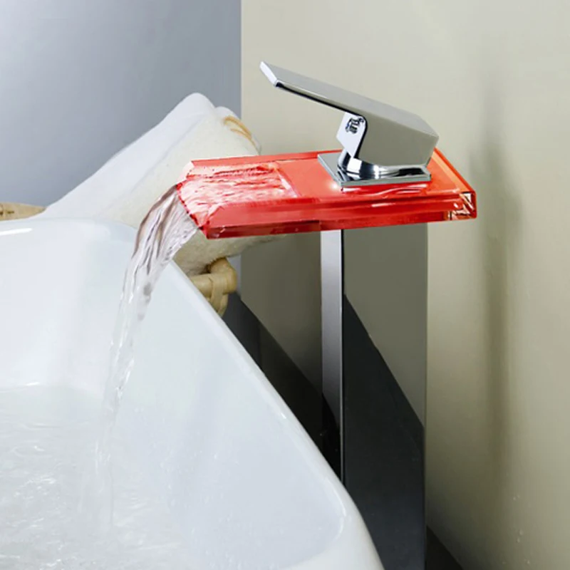 Стеклянный кран для раковины, СВЕТОДИОДНЫЙ цветной водопроводный кран, Хромированный Светодиодный Однорычажный кран для ванной комнаты, светодиодный светильник для воды, кран LH-8059-2