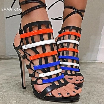 

Summer Gladiator Sandals Women Mixed Color Ankle Strap Thin High Heels Sandalias Mujer Fashion Peep Toe Narrow Band Shoes Woman