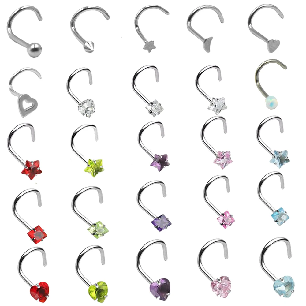 

BOG-1PC 20G Steel Nose Rings CZ Opal Piercing Nose Screw Curved Prong Nose Stud Rings Nariz Earrings Nostril Piercing Jewelry