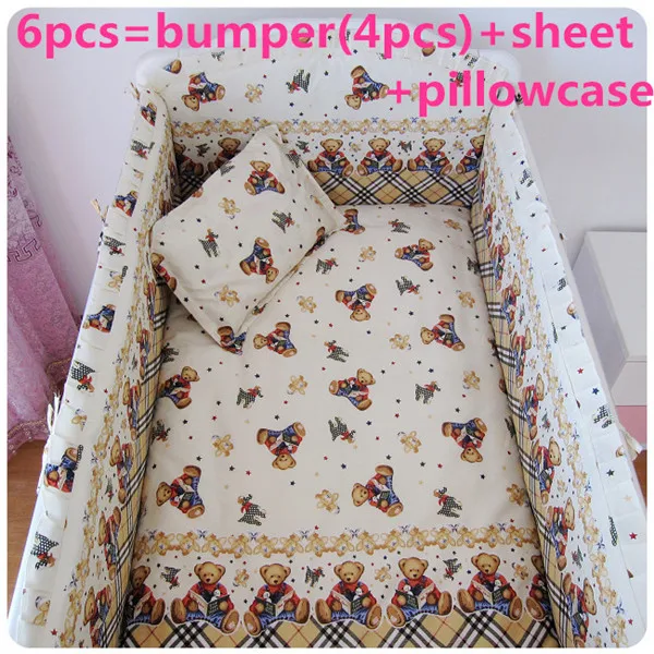 

Promotion! 6PCS Bear Crib Bedding set 100% cotton autumn and winter baby bedding set (bumpers+sheet+pillow cover)