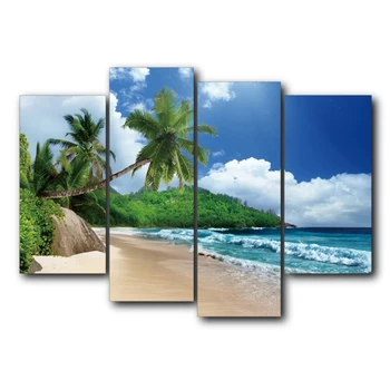 

Laeacco Canvas Calligraphy Painting 4 Panel Sea Blue Sky Mountain Modern Art Posters and Prints for Living Room Home Decoration