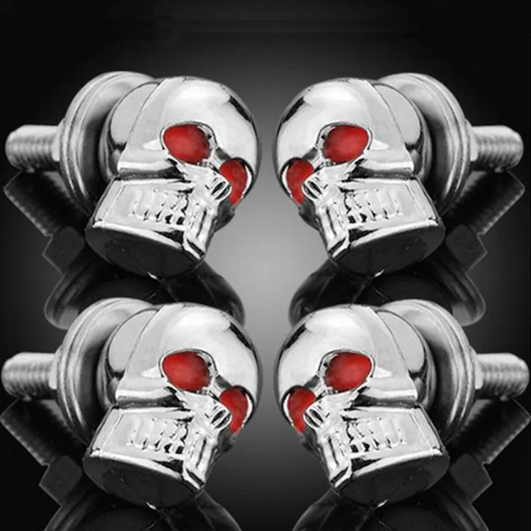 

4x 6mm Skull License Plate Tag Frame Trim Bolts Screws Fastener Chrome Red Eye