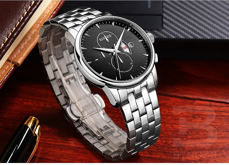 Switzerland мужские часы люксовый бренд наручные часы Binger 18K золотые кварцевые часы кожаный Хронограф с ремешком водонепроницаемые BG-0404-7