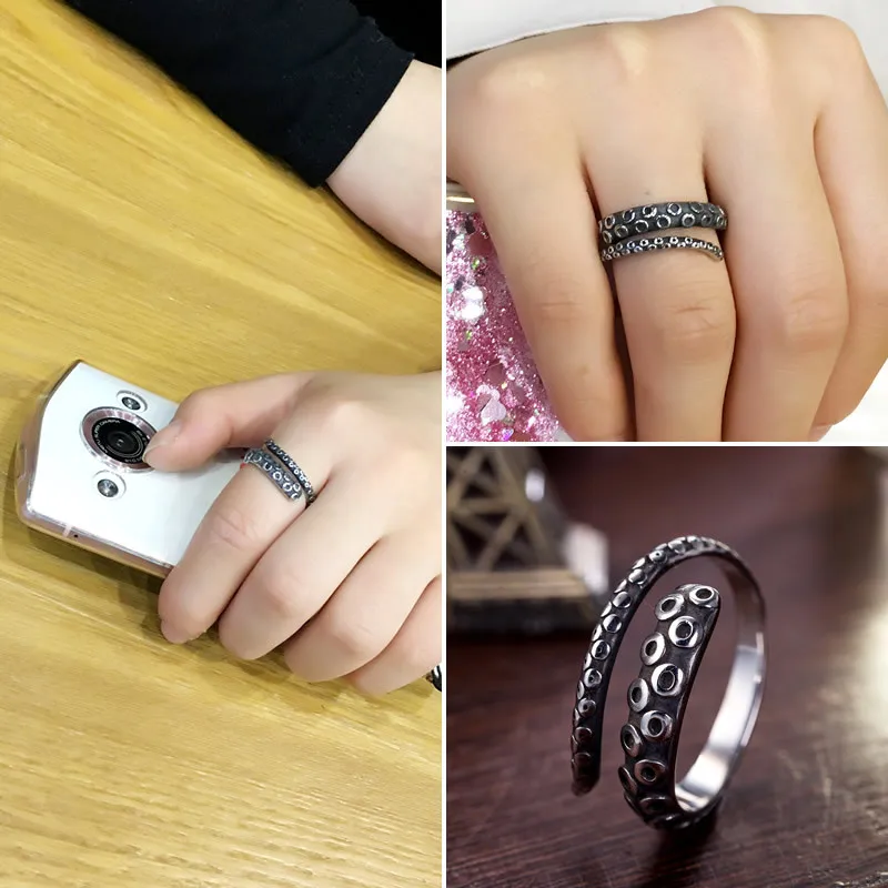 Qevila New Fashion Rings Jewelry Vintage Hyperbole Rock Titanium Steel Octopus Adjustable Open Punk Ring for Women Men Ring Gift (8)