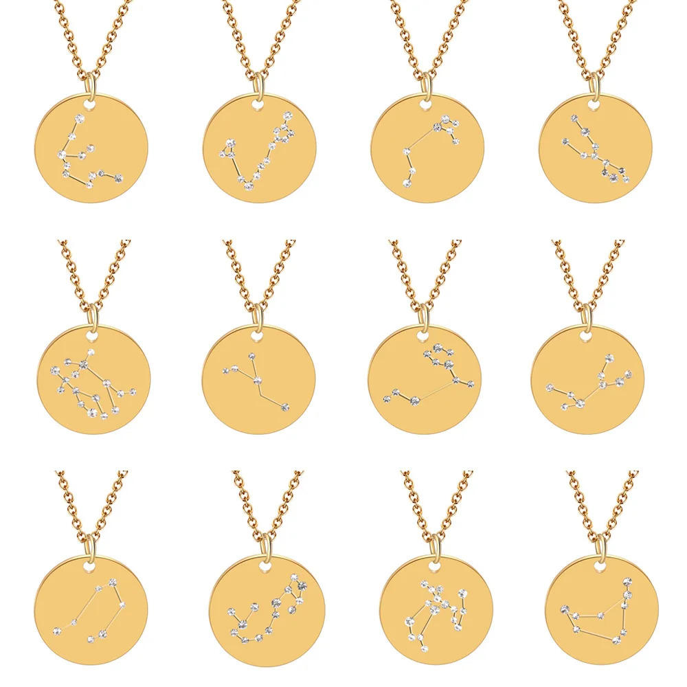 

Wholesale Horoscope Astrology Zodiac Statement Necklace Women Stainless Steel Jewelry Gold 12 Constellations Round Charm Choker