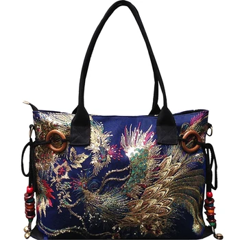 

Famous Brand Designer Luxury Sequins Embroidery Phoenix Handbag Shiny Canvas Vintage Hand Bag Women High Capacity Shoulder Bag