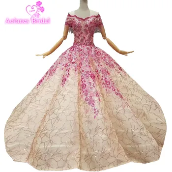 

2018 Luxury Pink Champagne Lace Sleeveless Boat Neck Evening Dress Floor-length Ball Gown Vintage Prom Dresses Party Dress Real