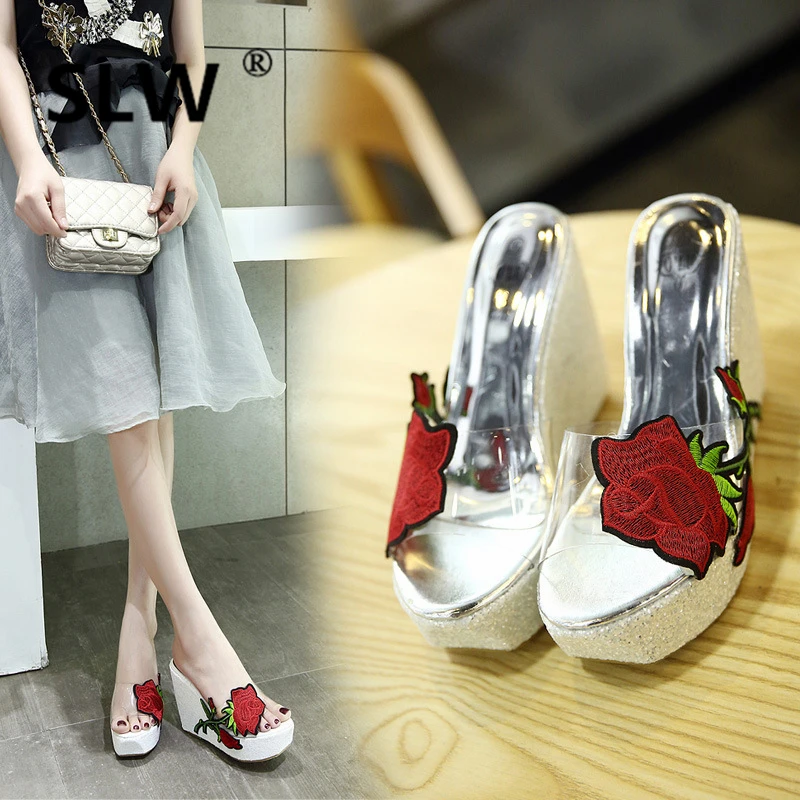 

Shoes Slippers Heels 2019 New Women Slides On A Wedge High T Summer Transparent Sliders Luxury Fashion Floral Rome