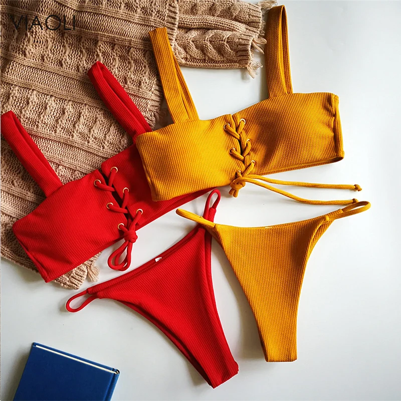 Однотонный женский купальный костюм, сексуальный бандажный комплект бикини с петельками и пряжками, пуш-ап бюстгальтер, бразильский купальник, купальный костюм