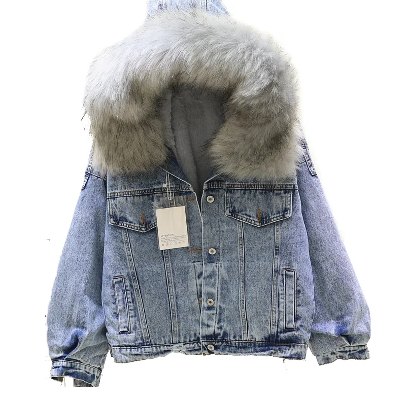

2018 winter jacket women Big Fur Hooded Denim Parka Lamb Fur Warm Thick Winter Jacket Hooded Loose women's winter Jeans jacket