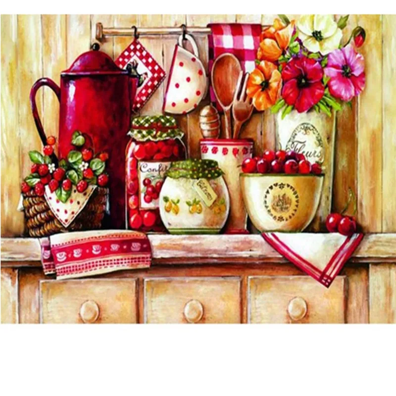 NEW Kitchen Corner with Tableware Cherry Diy Gift diamond Painting 5D