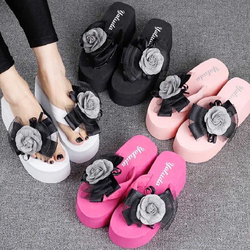 

2017 Women Summer Beach Soft Sandalias New Bowknot Camellia Flower Thick Bottom Summer Vacation Thick High Platform Wedges Woman