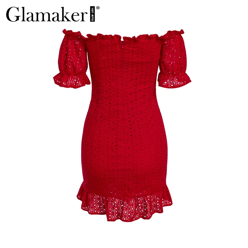 Женское короткое пляжное платье Glamaker Красное Облегающее в горошек с оборками