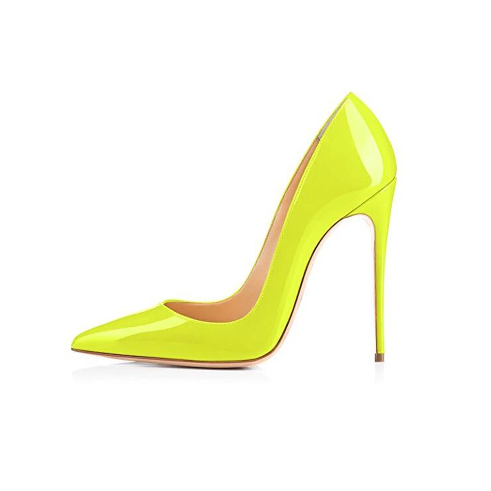GENSHUO/туфли женские Флуоресцентный желтый туфли женские на каблуке туфли для вечеринок с острым носом для дам туфли на высоком каблуке плюс размер классическая мелкая модная обувь туфли туфли свадебные каблуки sexy - Цвет: 12cm