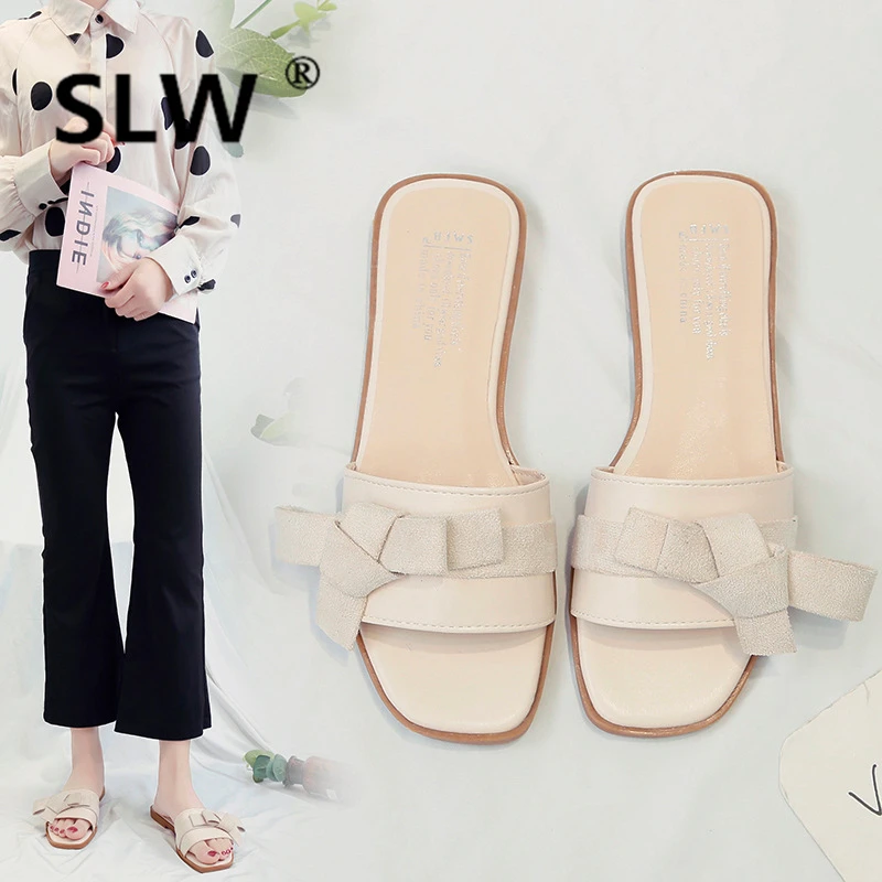 

Women's Slippers 2019 Butterfly-knot Slides Woman Shoes Luxury New Beach Sliders Designer Flat Cotton Fabric Fashion PU Rubber