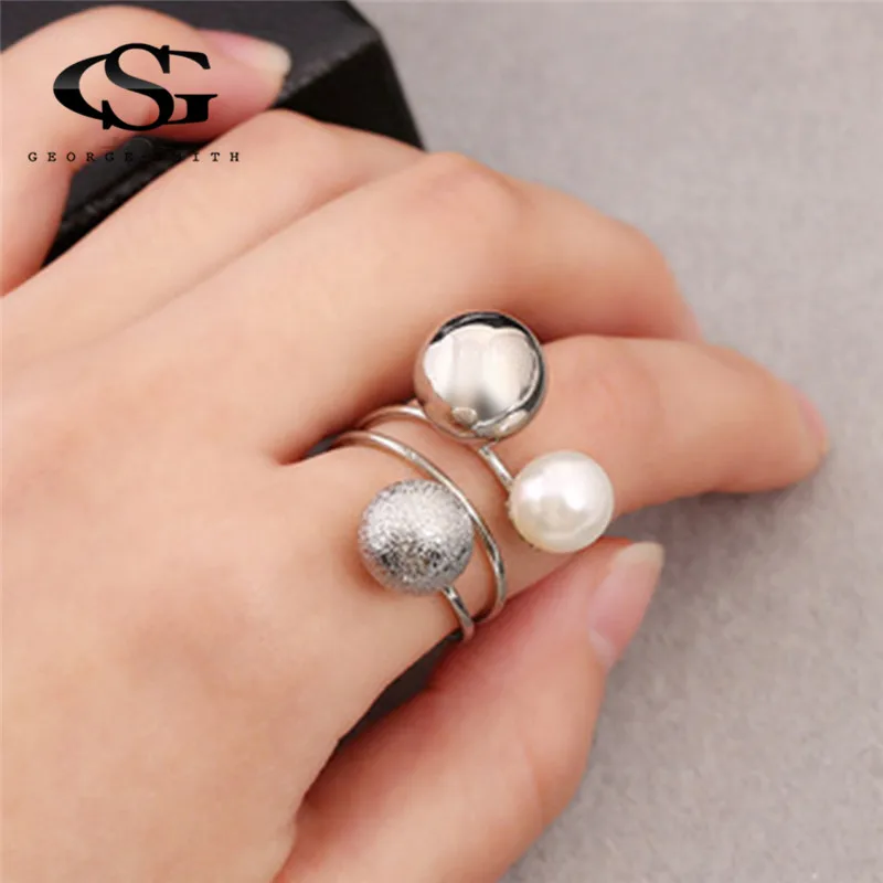 

GS Korean Pearl Ring Gold Adjustable Rings For Women Silver Ball Pearl Big Men Rings anillos mujer wedding party Jewelry gift R5