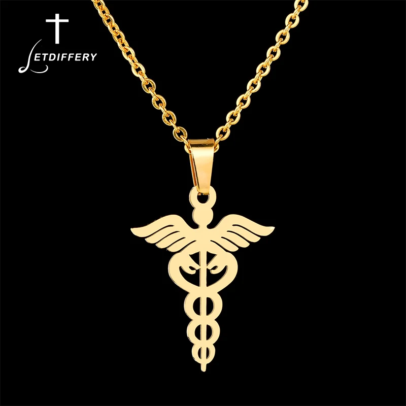 

Letdiffery Double Snake Wings Necklaces Titanium Steel Animal Cobra Caduceus Pendant Necklace Medical Symbol Nurse Doctor Gifts