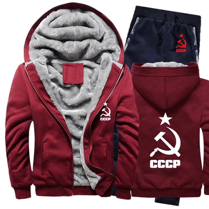 Зимний флисовый утолщенный спортивный костюм CCCP, русские толстовки с капюшоном, мужской комплект, повседневный теплый комплект из 2 предметов, толстовки с капюшоном в советском стиле, куртка+ штаны - Цвет: 813